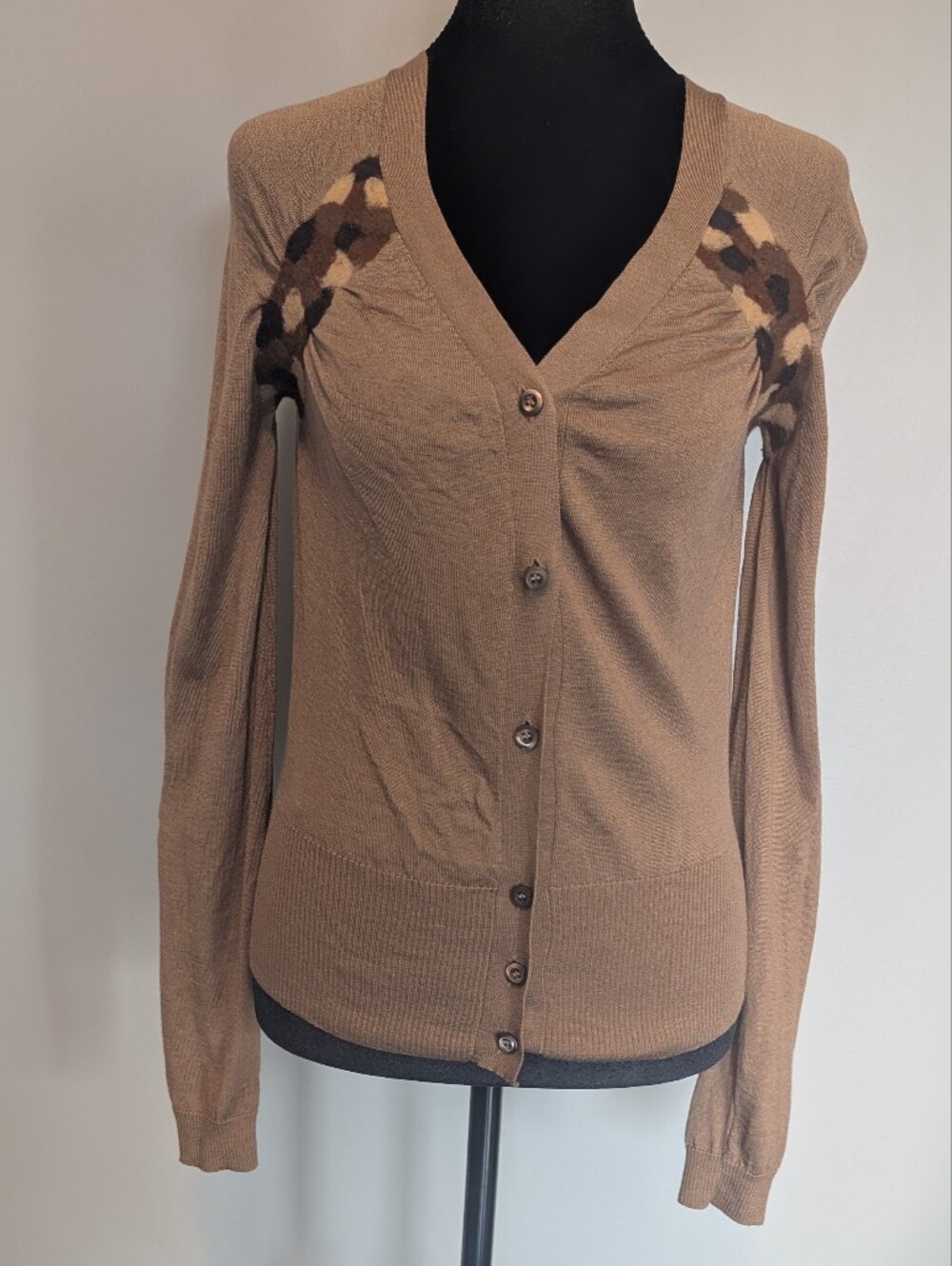 Prada Tan-Brown Knit Cardigan with Leopard Accent
